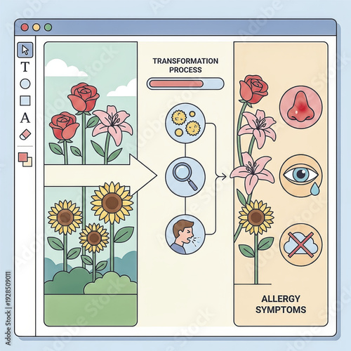 Medical infographic explaining the process of allergic reactions. Shows how flower pollen leads to common seasonal allergy symptoms. Vector illustration
