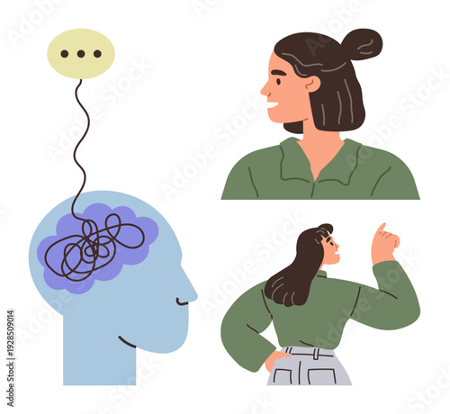 Mental health, communication, problem-solving, self-awareness, cognitive therapy, psychiatry. A human profile with tangled thoughts, a person thinking and another pointing for clarity. Mental health