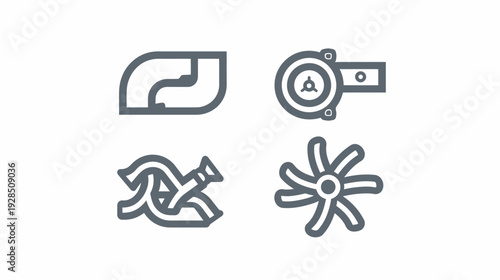 Four stylized grayscale icons depicting mechanical elements, with bold outlines, set against a white backdrop