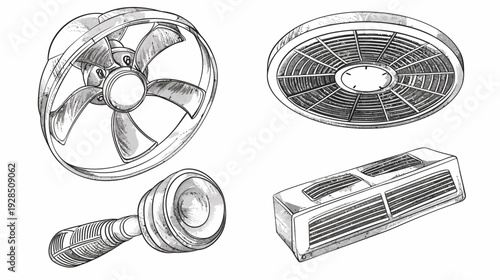 Artistic ink illustration of various mechanical parts, showcasing intricate details in monochrome