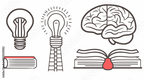 A drawing of a book, a brain, and lightbulbs with different designs