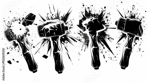 A sequence of hand hammers in stages of destruction, rendered in a bold, black and white style