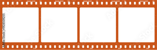 Orange film strip with blank frames, dusty texture and perforations, retro photography concept