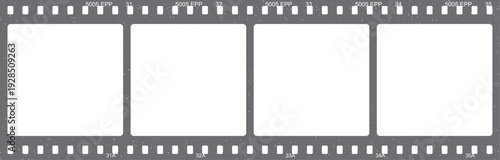Gray film strip with four blank frames and textured perforations, vintage photo or movie editing background