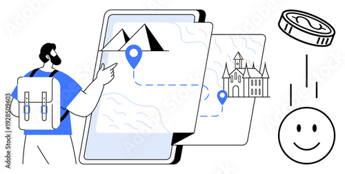 Travel concept. Travel by a man with a backpack exploring landmarks on a digital map. Travel for navigation, planning, tourism, adventure, and cultural exploration