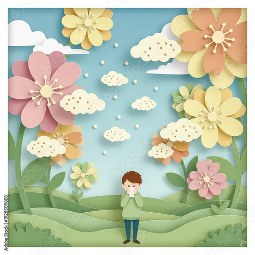 A boy with hay fever sneezes in a whimsical papercraft world of giant flowers. Concept for seasonal spring allergies and pollen.. Vector illustration