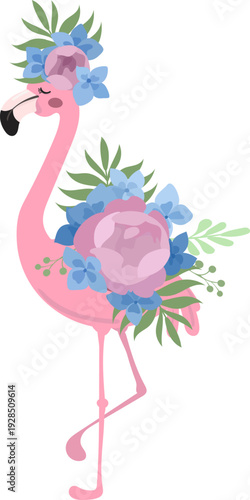 pink flamingos and tropical flowers in flat style