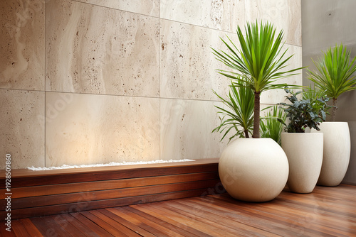 modern minimalist interior with three white ceramic planters and tall green plants against a beige stone wall with warm recessed lighting
