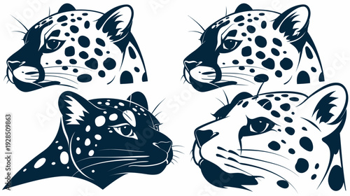 Four stylized, dark navy leopard head profiles against a stark white backdrop. Each features spots