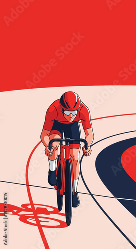 A Cyclist in Red Attire Races on a Velodrome Track Depicted in Artistic Illustration