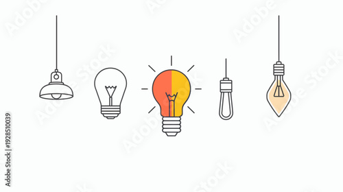Stylized illustration of different light bulbs with varying designs and styles, suspended
