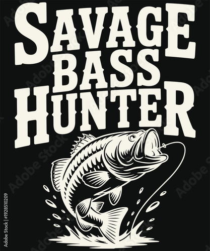 Savage bass hunter fishing vector graphic, jumping bass fish, t-shirt design