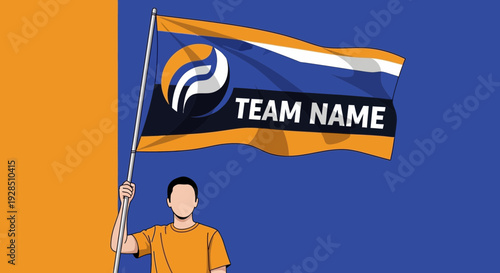 A Person Holding a Flag with Team Name and Graphic Design Representation in Vector Art