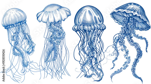 Watercolor illustrations showcasing four jellyfish in various positions, showcasing the beauty of the sea