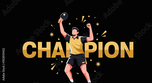 A Victorious Illustration Celebrating a Table Tennis Champion Against A Dark Background
