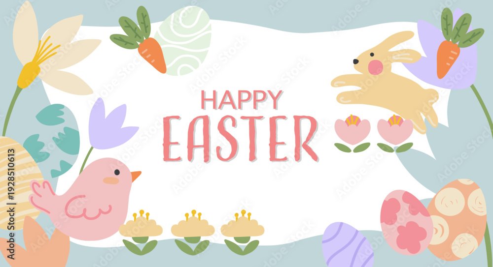 Fototapeta premium Happy Easter greeting card banner with cute bunny bird eggs and spring flowers