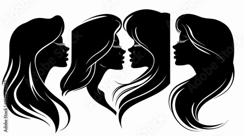 Silhouettes of four stylized female faces in profile, black on white background, long flowing hair