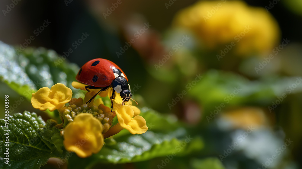 Obraz premium Bright red ladybug perched on a golden yellow flower in a sunny garden, macro close-up, soft defocused bokeh background, garden insect concept, nature wildlife photography, with