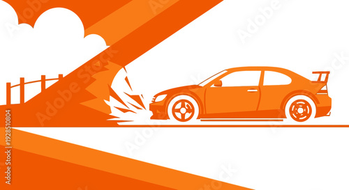 Abstract Illustration of a Car Crashing Into A Solid Structure With Unique Orange Color