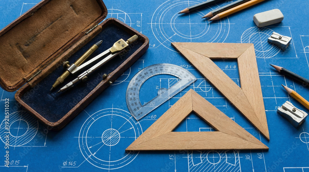 Obraz premium A creative overhead shot of an open geometry set with a compass, protractor, and wooden triangles on a blueprint-style blue paper surface.