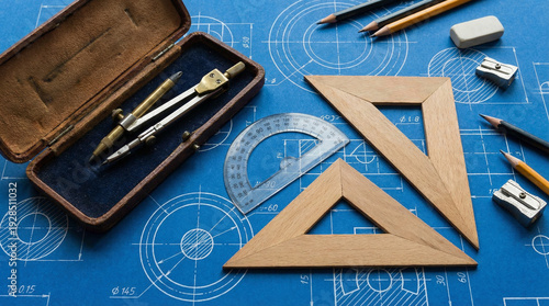A creative overhead shot of an open geometry set with a compass, protractor, and wooden triangles on a blueprint-style blue paper surface.
