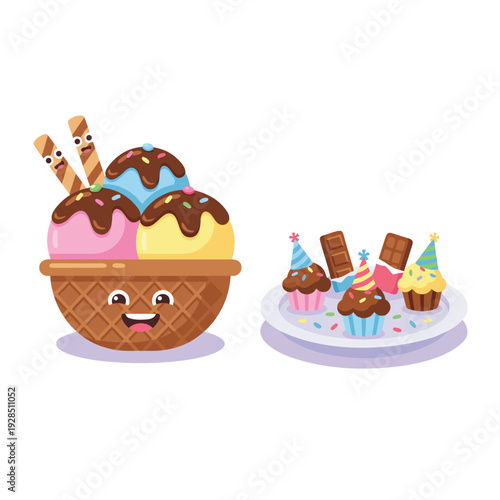 Cute Cartoon Ice Cream Sundae and Cupcakes Party.