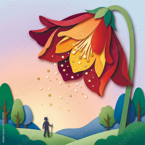 A hiker walks through a surreal papercraft landscape as a giant flower overhead sheds golden pollen, symbolizing allergy season or nature's power.. Vector illustration