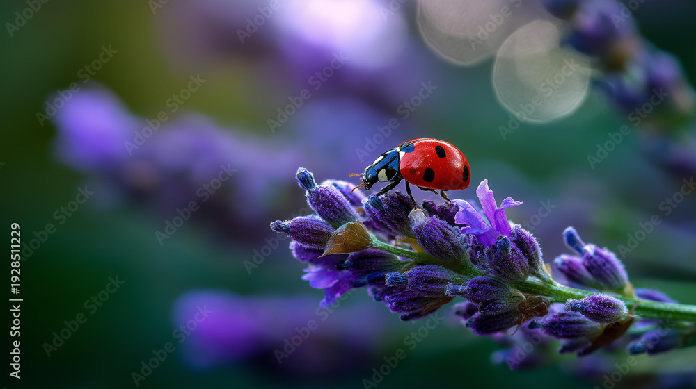 Obraz premium Vivid red ladybug perched on delicate purple lavender blossoms in a garden, macro close-up, soft defocused bokeh background, garden insect concept, ladybug photography, nature