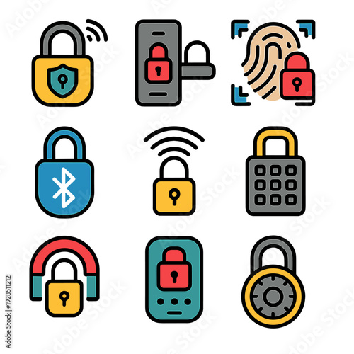 Variety of colorful security lock icons for digital technology and privacy