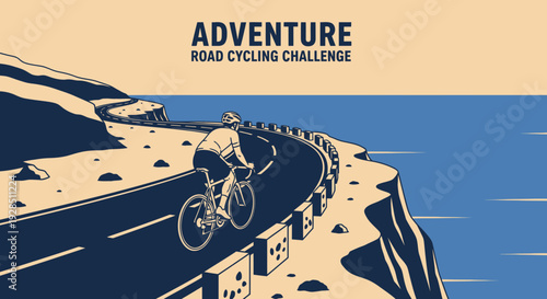 Adventure Road Cycling Challenge Depicting Scenic Coastal Route and Cyclist's Journey
