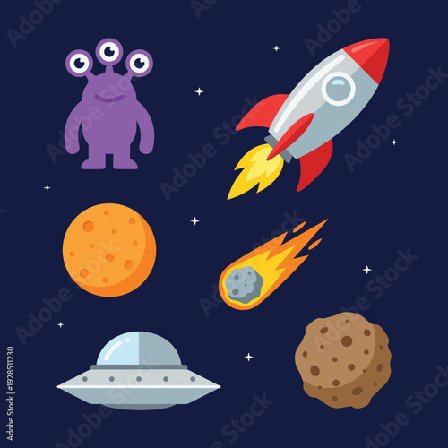 Cute Cartoon Space Scene with Alien Rocket and Planets.