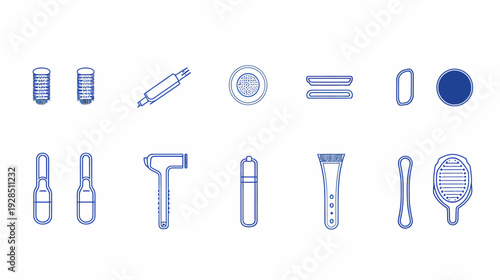 Assortment of line drawings of various hair styling tools and cosmetic containers
