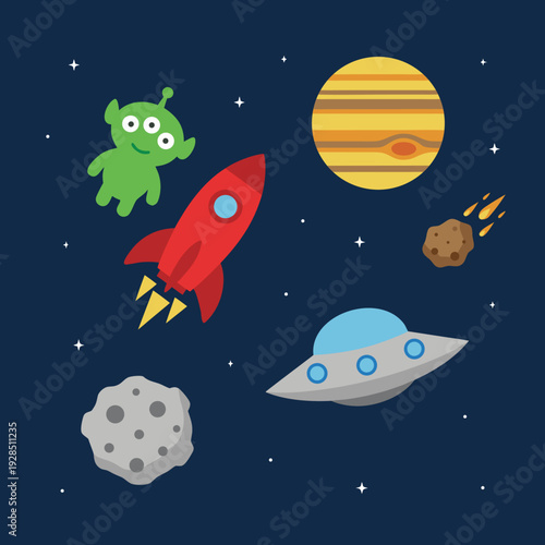 Cute Cartoon Space Scene with Alien Rocket and UFO.