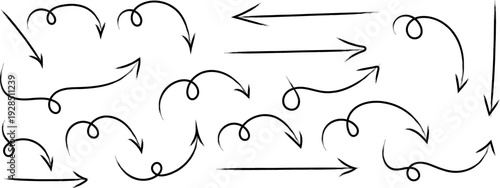 A collection of hand drawn curved and straight arrows on a white background pointing in various directions