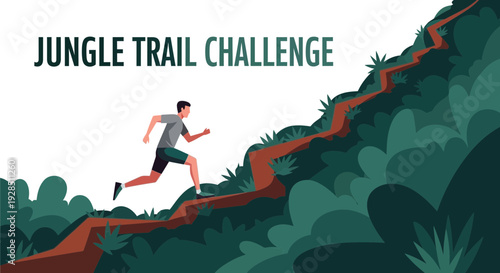 Adventure Trail Race Illustration Depicting a Runner Navigating a Steep Jungle Terrain