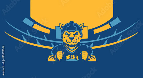 Aggressive Feline Mascot Emblem Against Blue And Yellow Arena Spectator Background