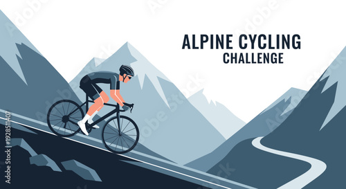Alpine Cycling Challenge: A Cyclist Ascends a Mountain Pass Road to Victory