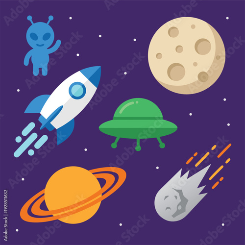 Cute Space Scene with Rocket, UFO, Alien, Planets, and Meteor.