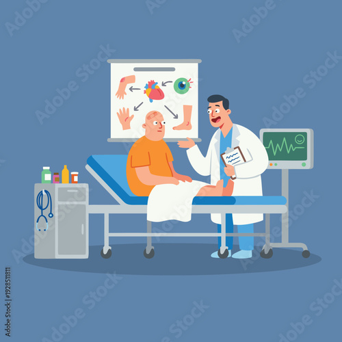 Doctor Examining Patient in Medical Office with Anatomical Chart.