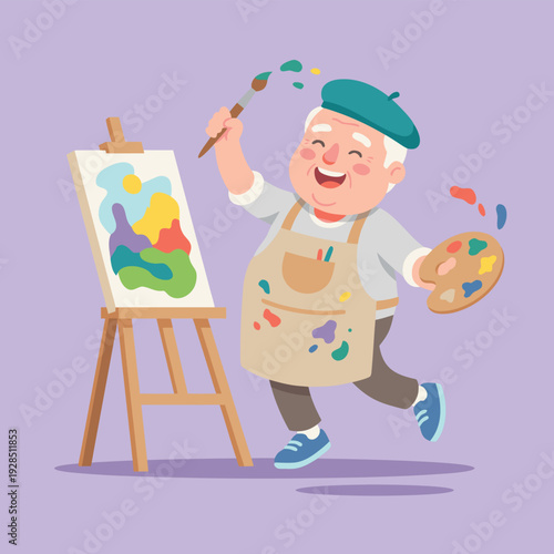 Elderly Artist Joyfully Painting on Easel with Palette.