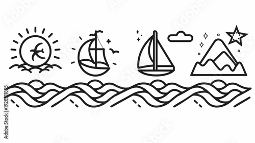 A black and white line art depicting a sunrise, sailboats, mountains, and celestial elements