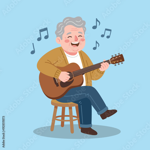 Elderly Man Happily Playing Guitar and Singing.