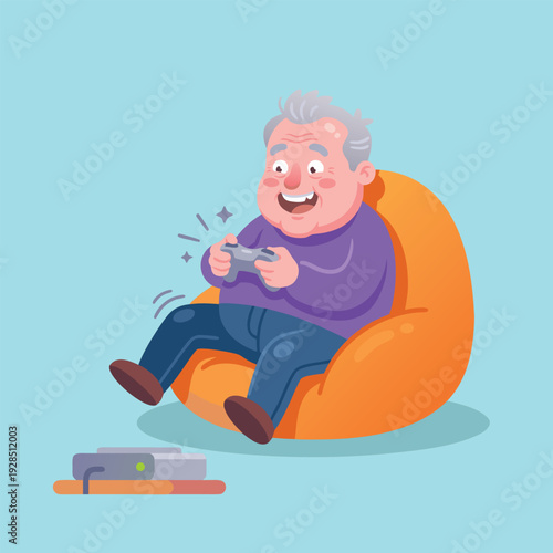 Elderly Man Playing Video Games on Beanbag Chair.