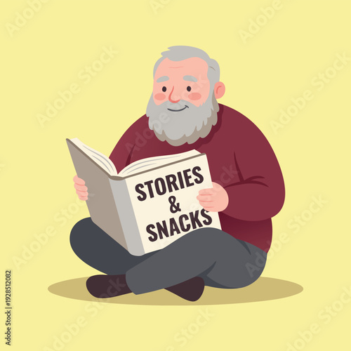 Elderly Man Reading Book About Stories and Snacks.