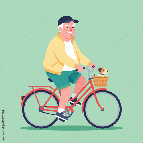 Elderly Man Riding Bicycle with Dog in Basket.