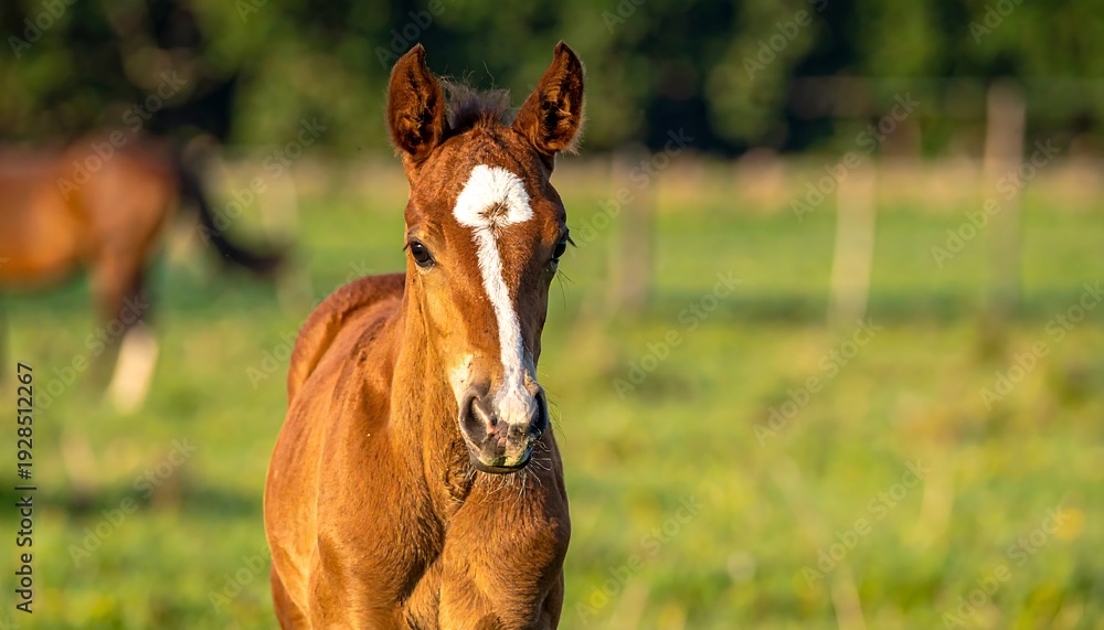 Fototapeta premium Curious foal stands in a sunlit meadow, looking forward.