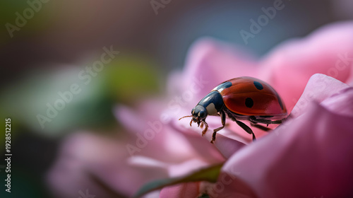 Delicate red ladybug perched on a soft pink rose petal, extreme macro close-up, soft defocused bokeh background, garden insect concept, nature photography, floral wildlife, with