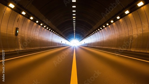 A bright light shines at the end of a long tunnel with yellow lines