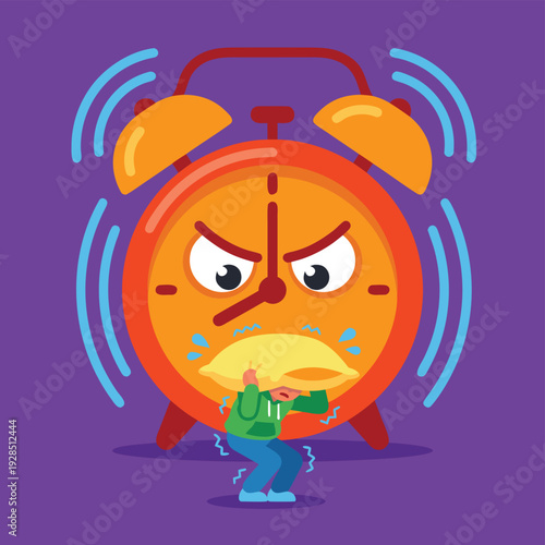 Angry Alarm Clock Waking Up Person.