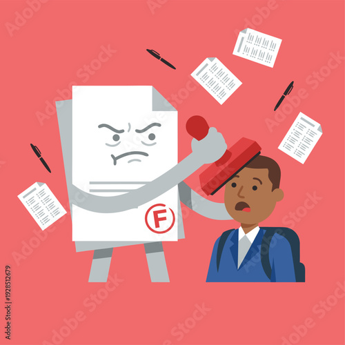 Angry paper with F grade stamping a student.